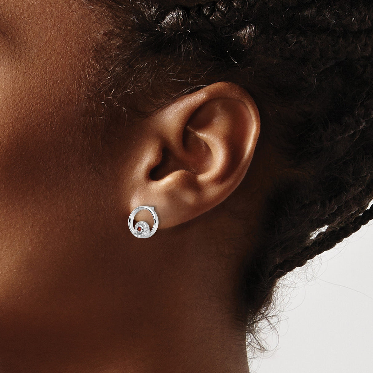 Sterling Silver Stud Earrings with Garnet and Diamond, Open Circle Swirl Design