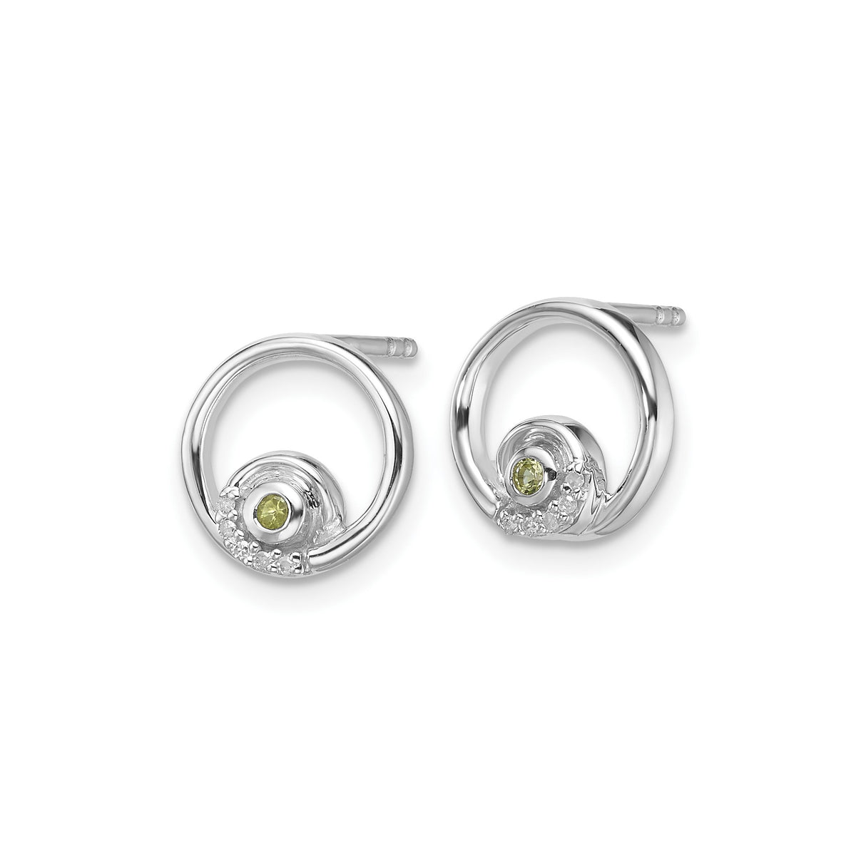 Sterling Silver Stud Earrings with Peridot Center and Diamond Accents, Open Circle Design