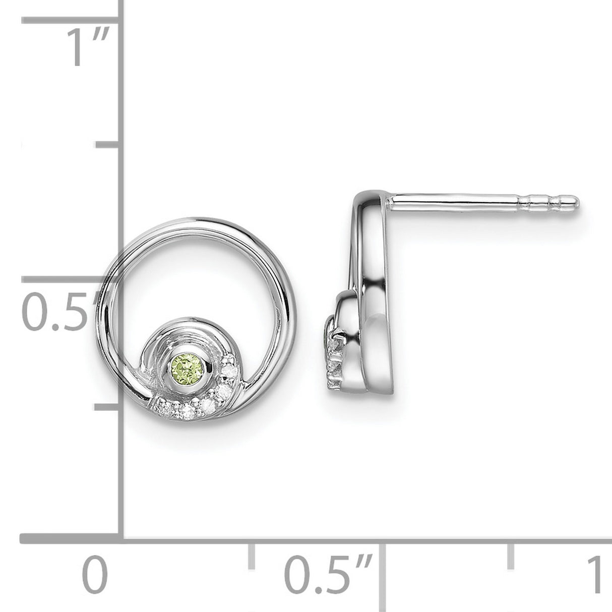 Sterling Silver Stud Earrings with Peridot Center and Diamond Accents, Open Circle Design