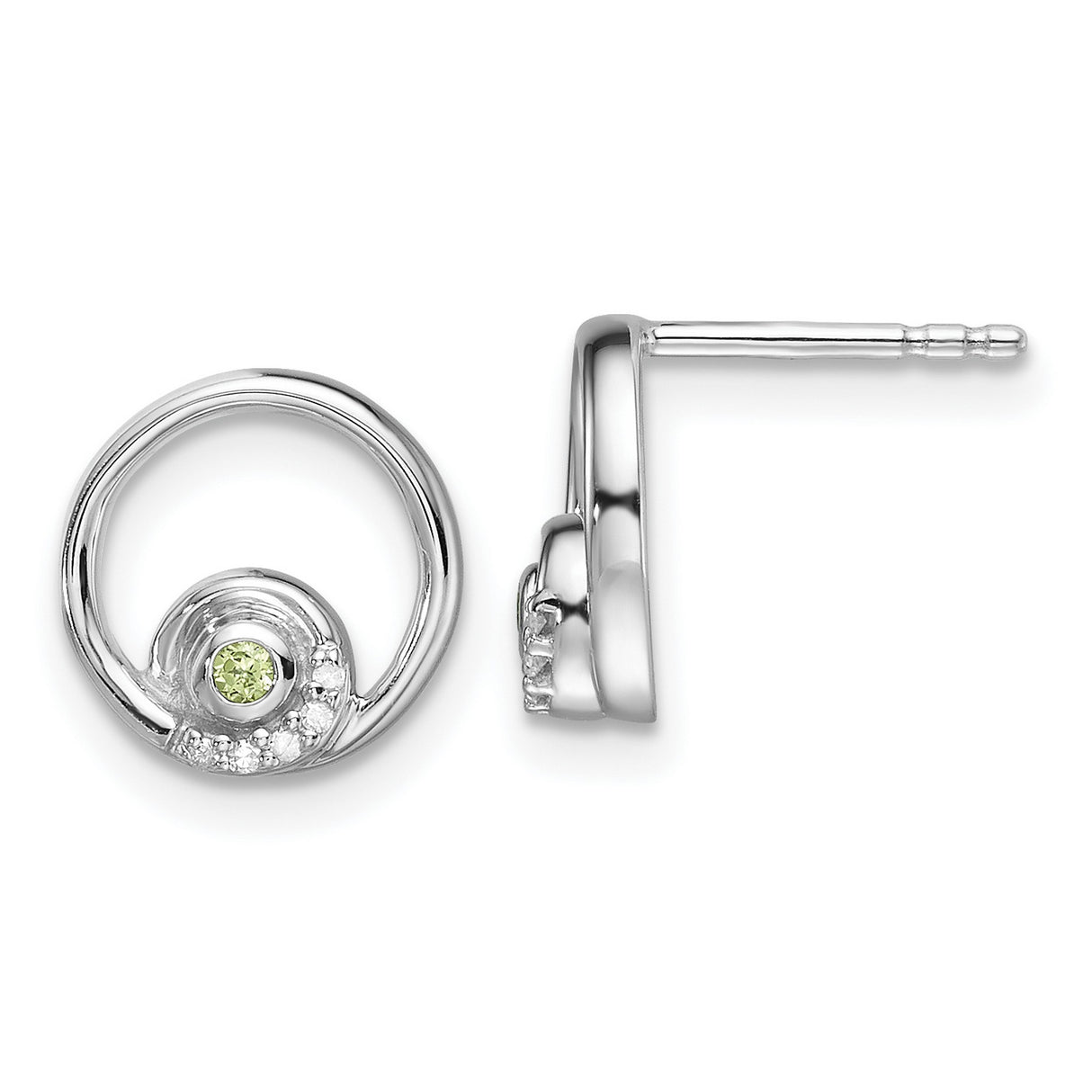Sterling Silver Stud Earrings with Peridot Center and Diamond Accents, Open Circle Design