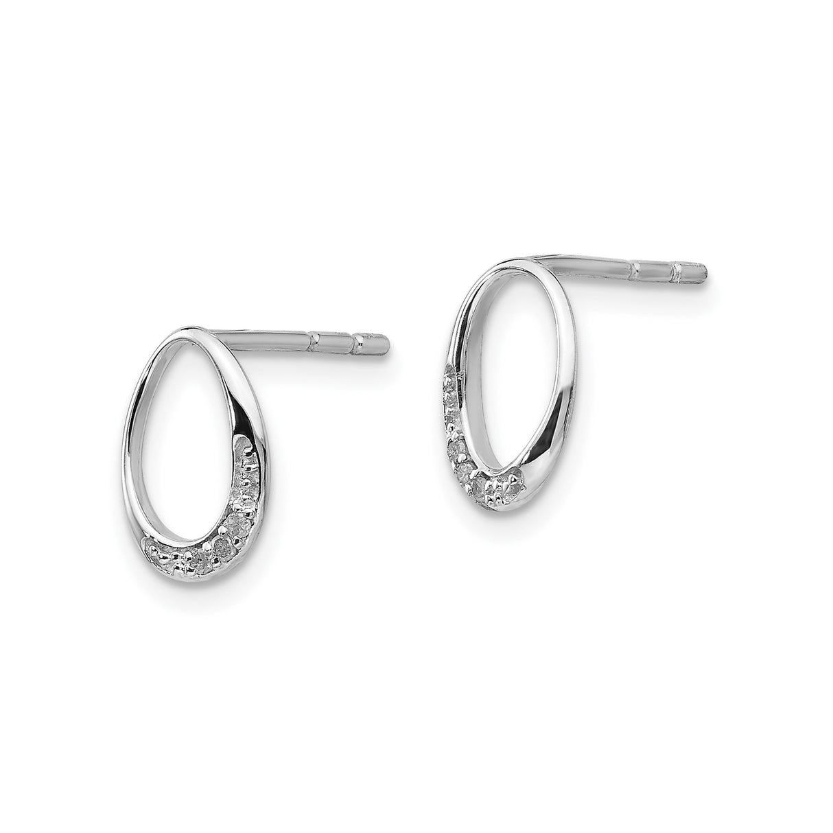 Sterling Silver Oval Stud Earrings with Diamond Accents, Open Loop Design, Polished Finish