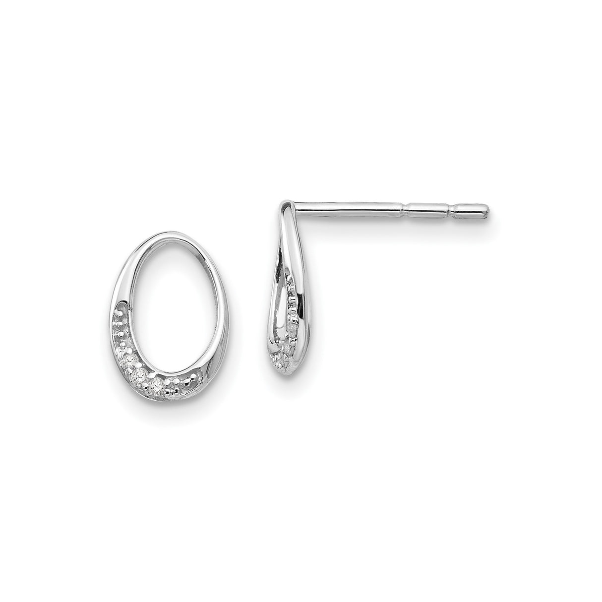Sterling Silver Oval Stud Earrings with Diamond Accents, Open Loop Design, Polished Finish