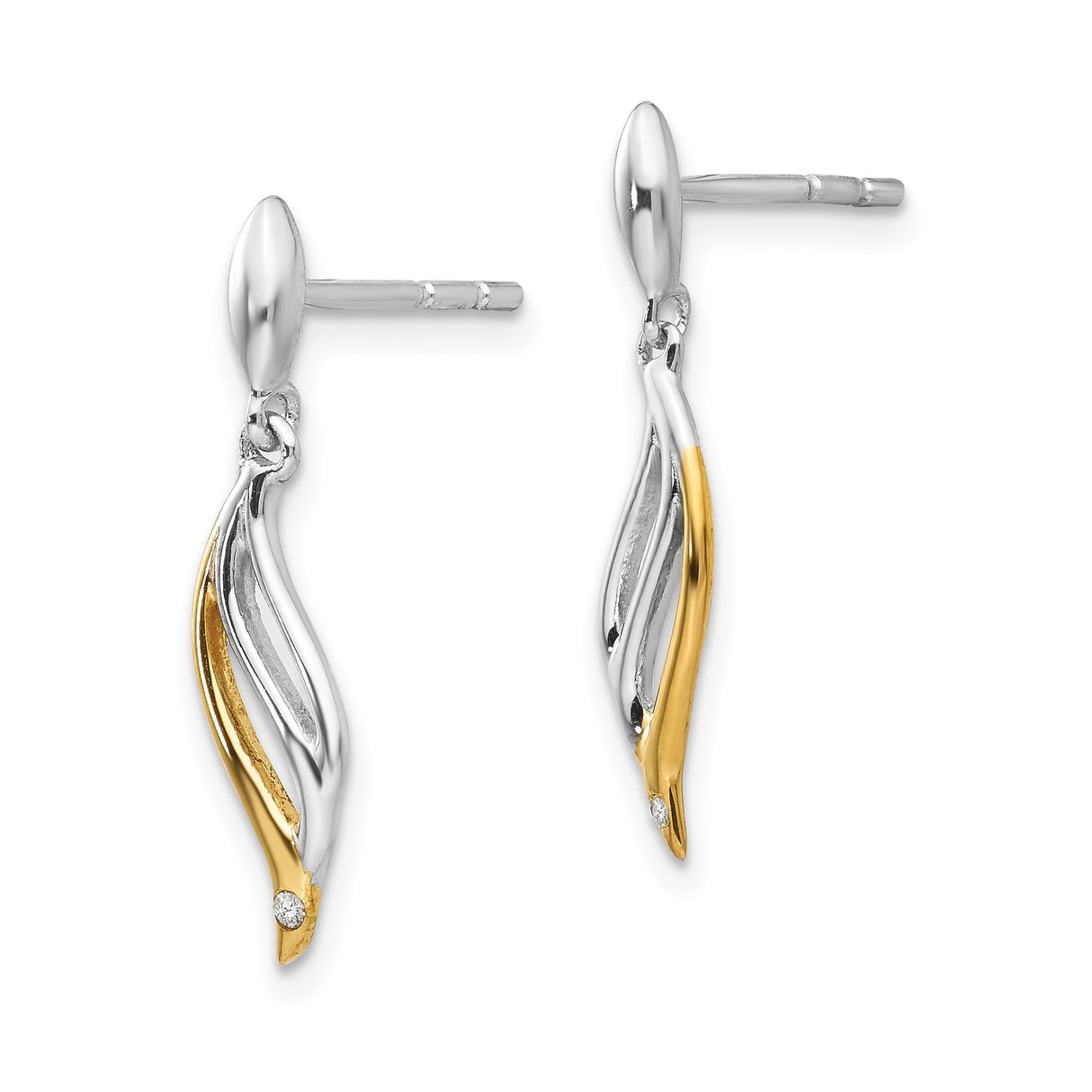 Sterling Silver Dangle Earrings with Diamonds, Abstract Flame Design, Two-Tone Accent