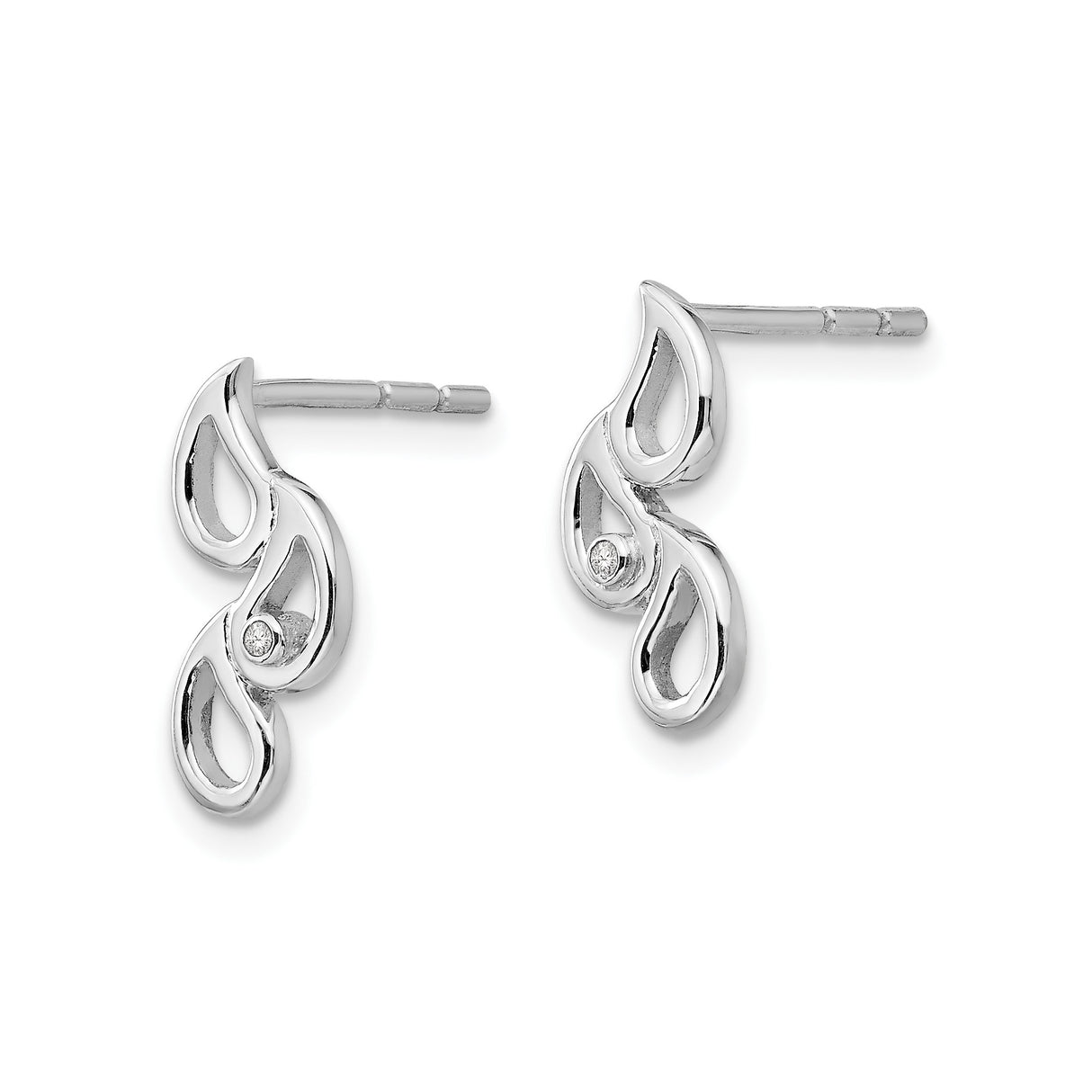 Sterling Silver Stud Earrings with Diamond Accent, Abstract Teardrop Design, Minimalist Style