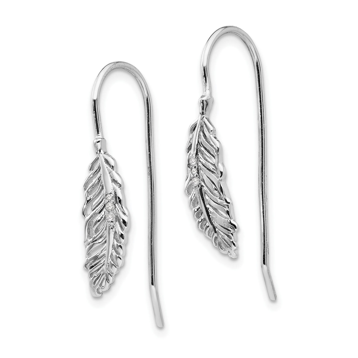 Sterling Silver Feather Threader Earrings with Diamond Accents, Boho Minimalist Style for Women