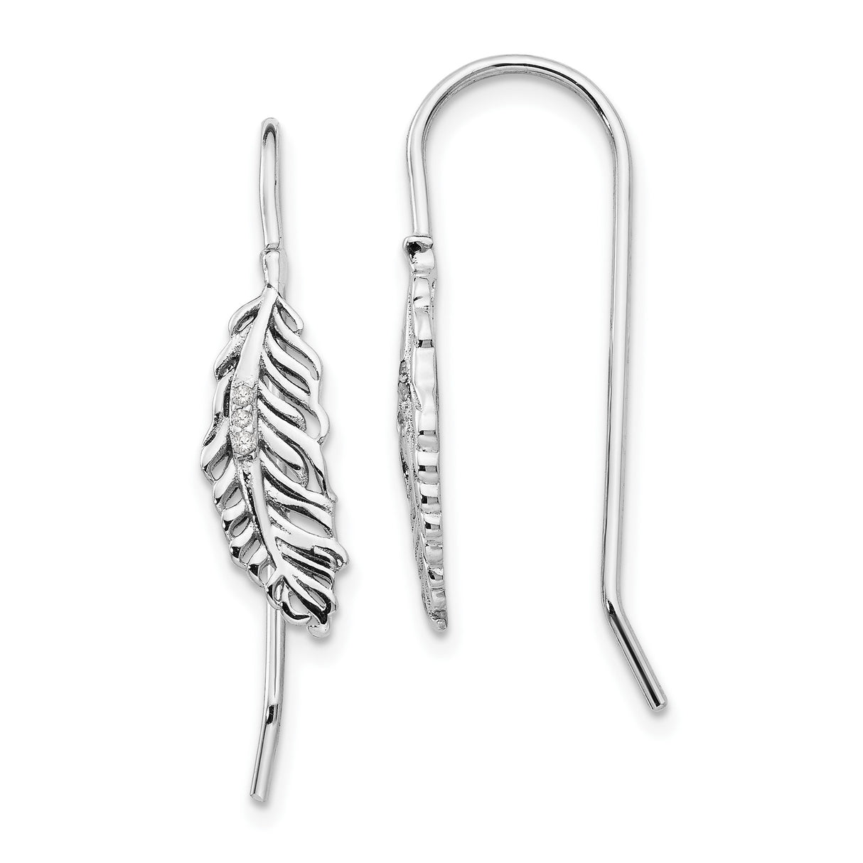 Sterling Silver Feather Threader Earrings with Diamond Accents, Boho Minimalist Style for Women