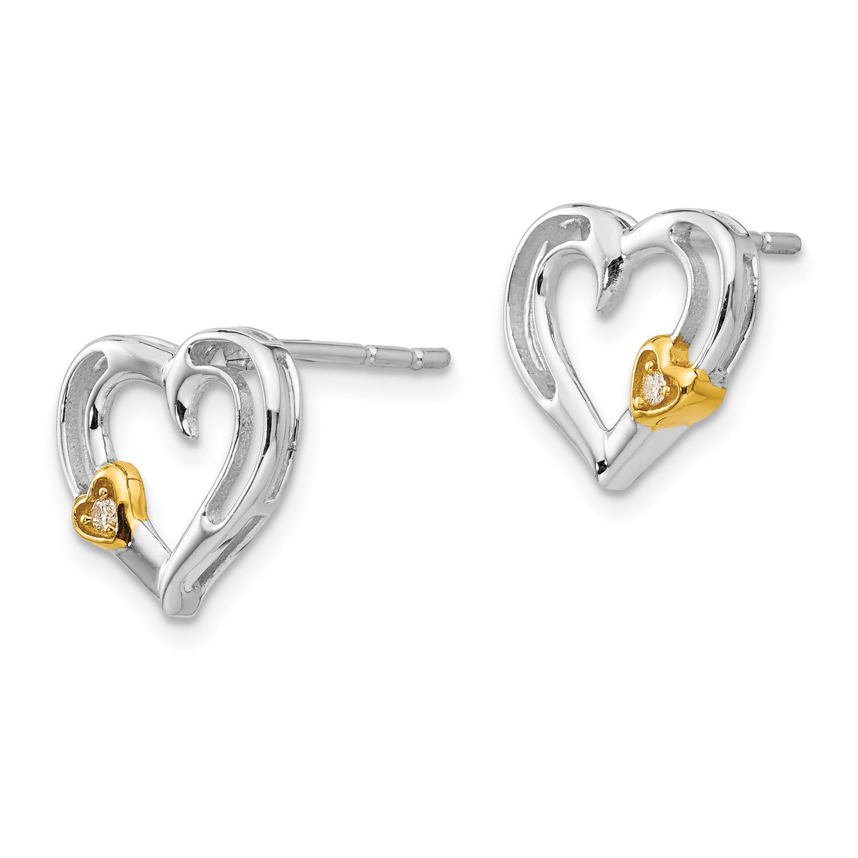 Sterling Silver Heart Stud Earrings with Diamond and Cubic Zirconia Accent
