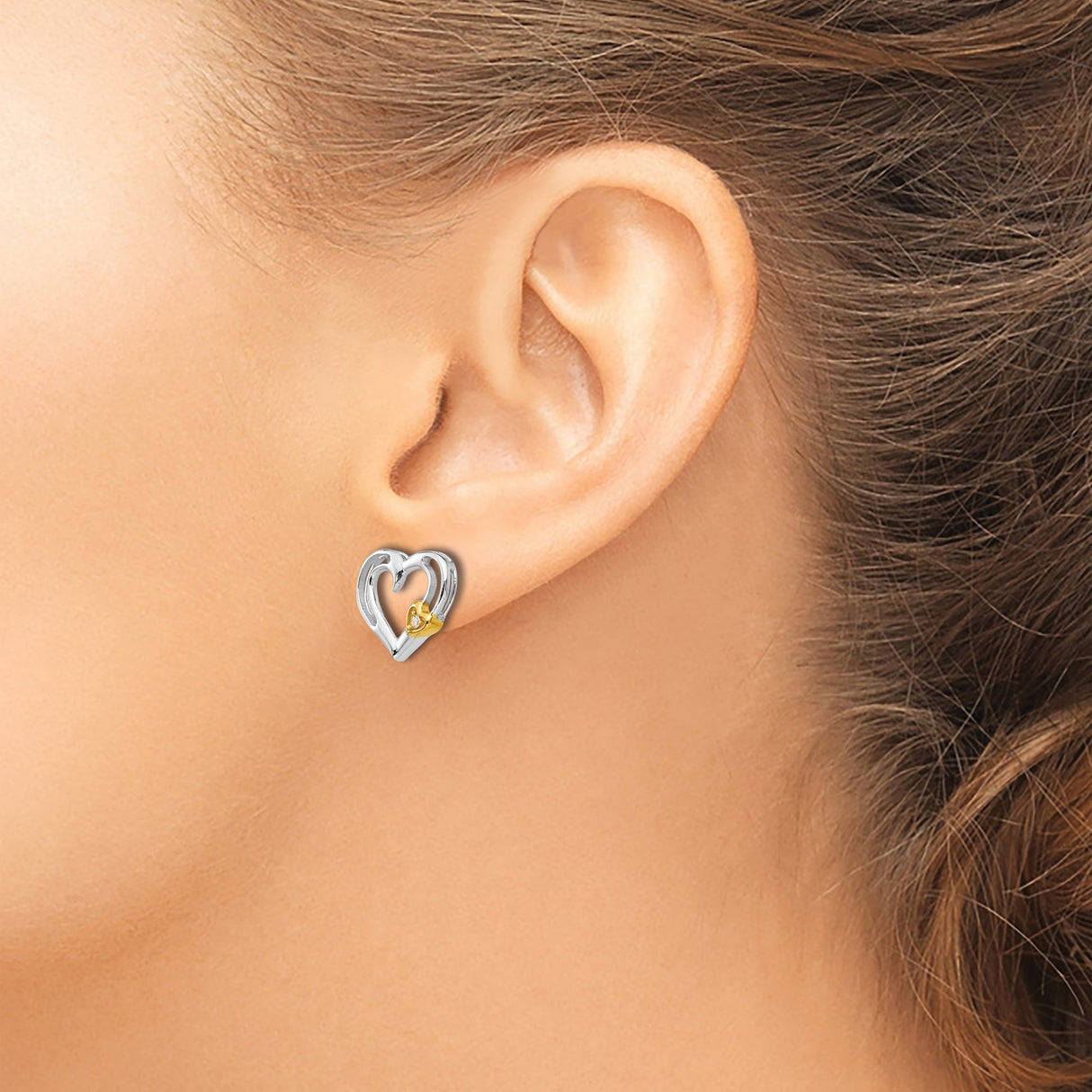 Sterling Silver Heart Stud Earrings with Diamond and Cubic Zirconia Accent