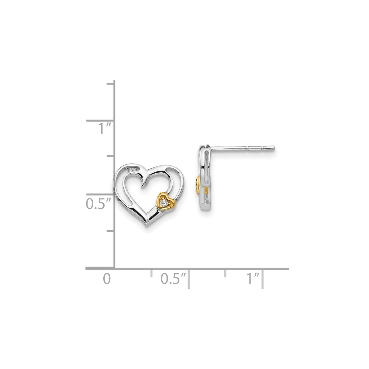 Sterling Silver Heart Stud Earrings with Diamond and Cubic Zirconia Accent