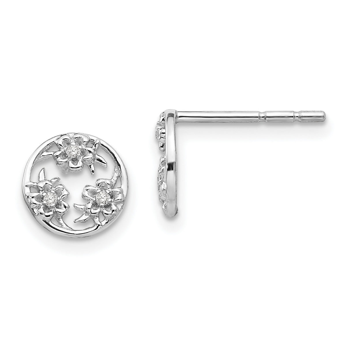 Sterling Silver Stud Earrings with Diamond Accents, Openwork Floral Design for Women