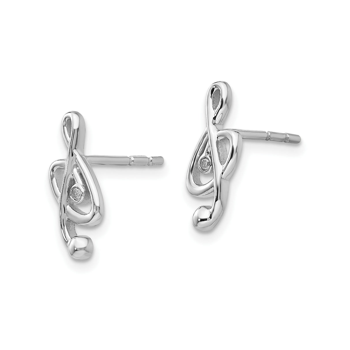 Sterling Silver Treble Clef Stud Earrings with Diamond Accent, Music-Inspired Jewelry for Women