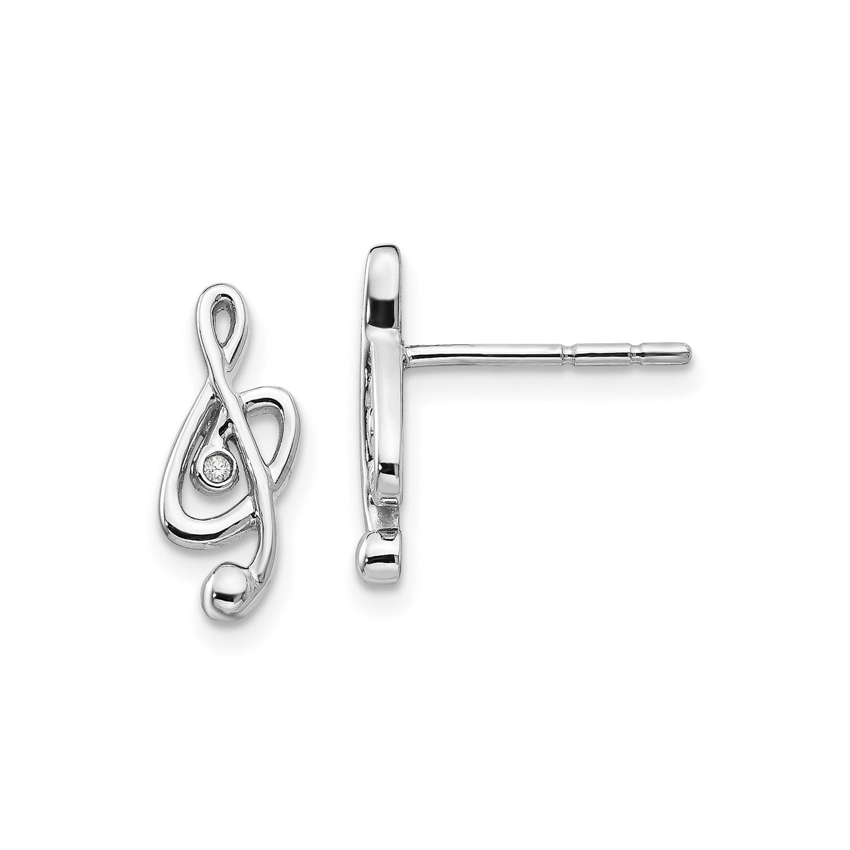 Sterling Silver Treble Clef Stud Earrings with Diamond Accent, Music-Inspired Jewelry for Women