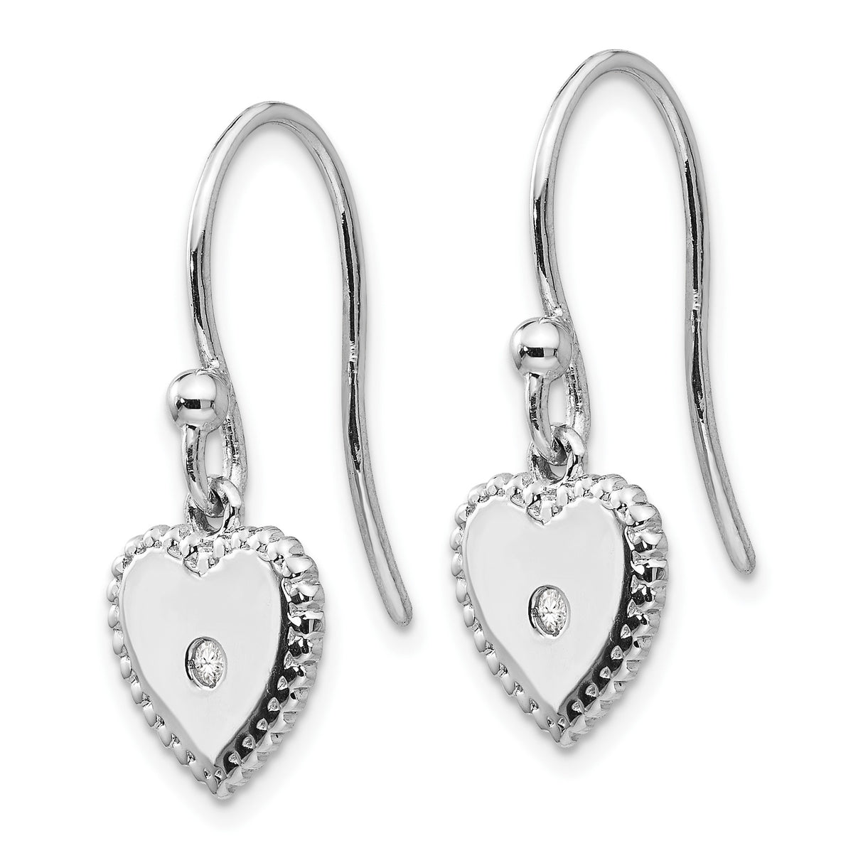 Sterling Silver Heart Dangle Earrings with Diamond and Scalloped Edge Design for Women