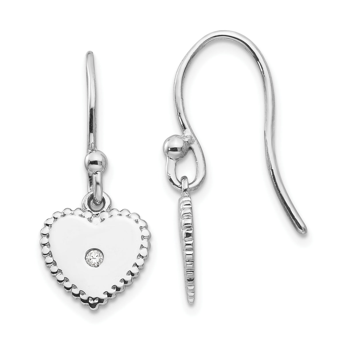 Sterling Silver Heart Dangle Earrings with Diamond and Scalloped Edge Design for Women