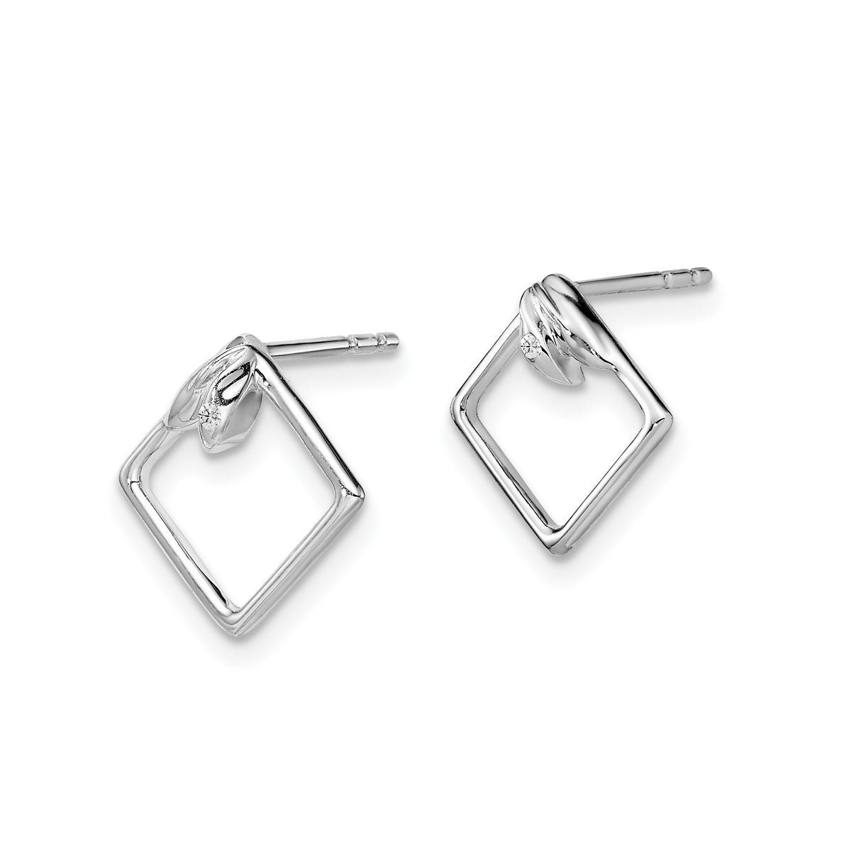 Sterling Silver Geometric Stud Earrings with Diamond Shape, Leaf Accent, and Cubic Zirconia