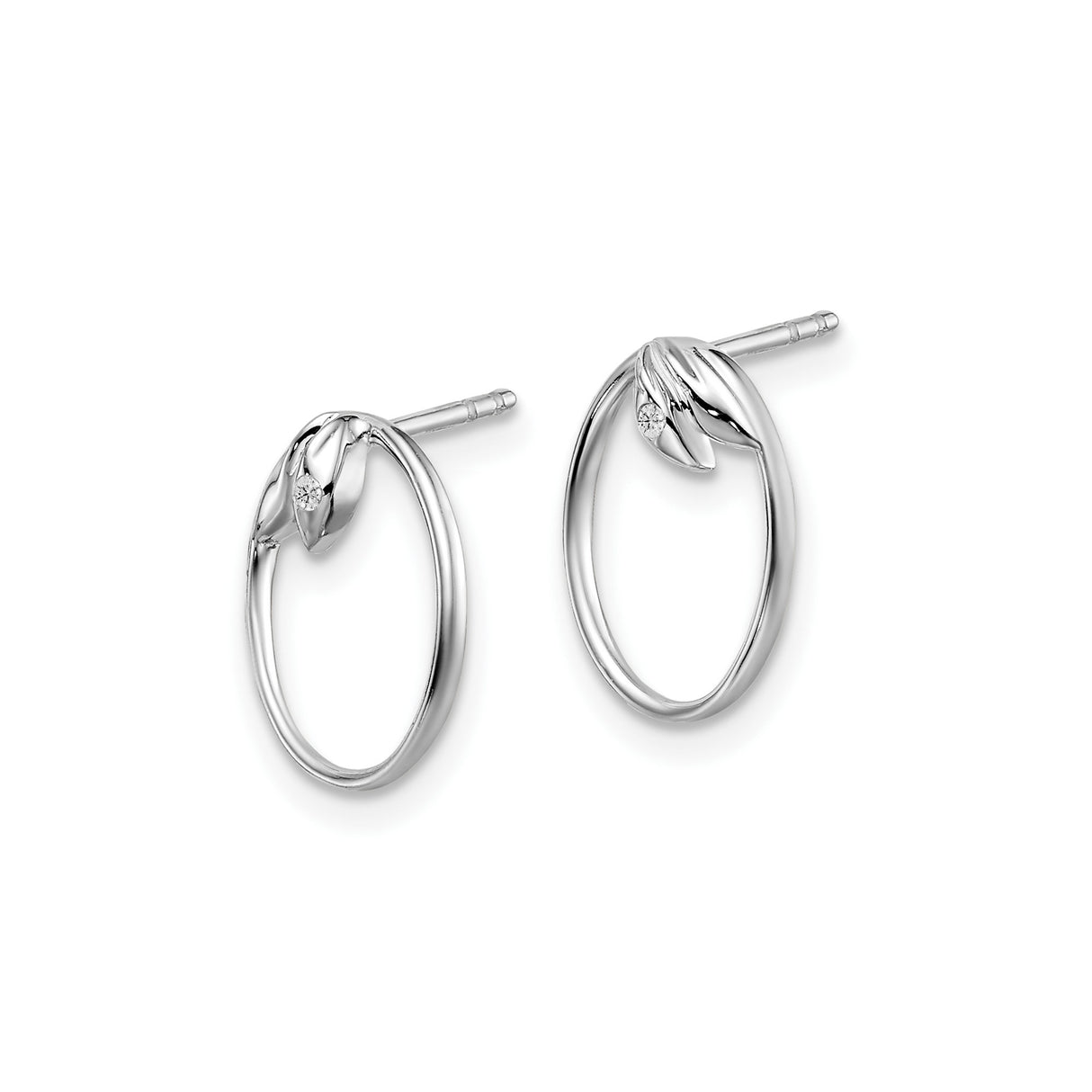Sterling Silver Oval Stud Earrings with Diamond Accent and Sculpted Leaf Design