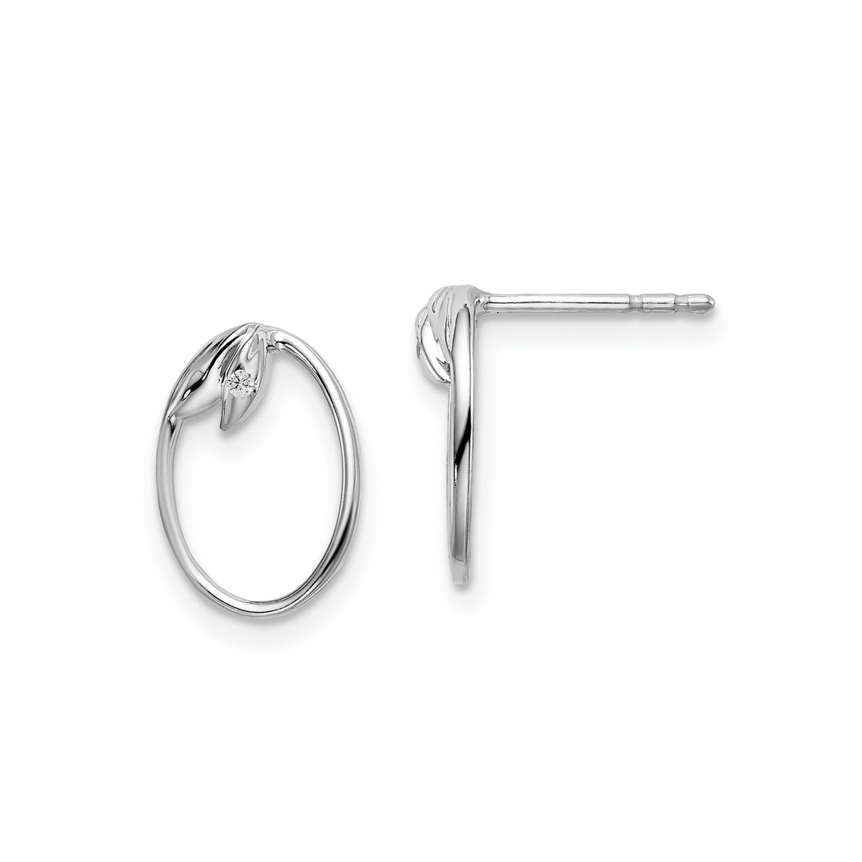 Sterling Silver Oval Stud Earrings with Diamond Accent and Sculpted Leaf Design