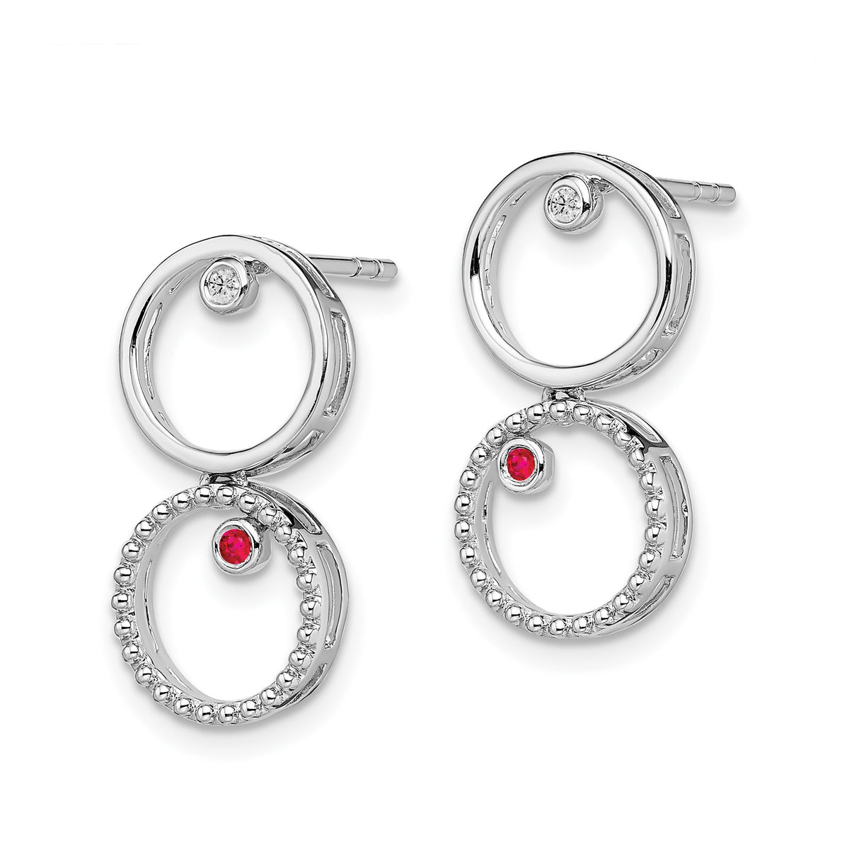Sterling Silver Dangle Earrings with Ruby and Diamond, Dual Open Circle, Modern Drop Style