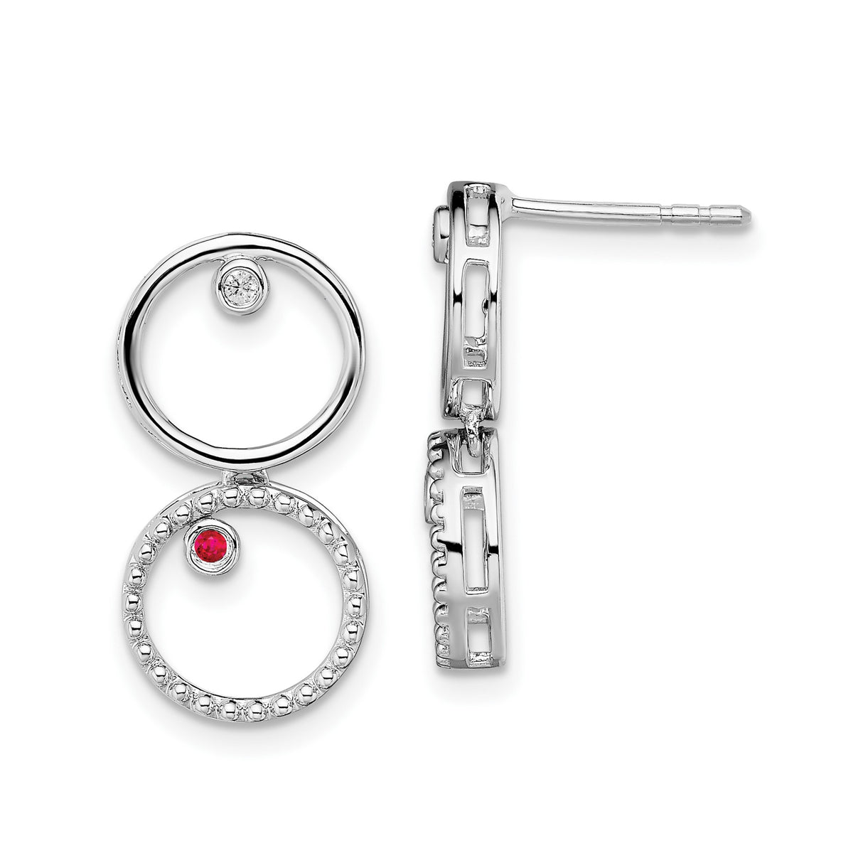 Sterling Silver Dangle Earrings with Ruby and Diamond, Dual Open Circle, Modern Drop Style