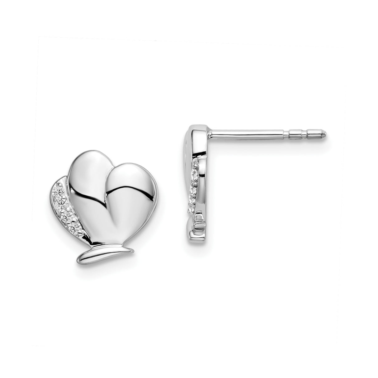 Sterling Silver Heart Stud Earrings with Diamond and Cubic Zirconia Accents