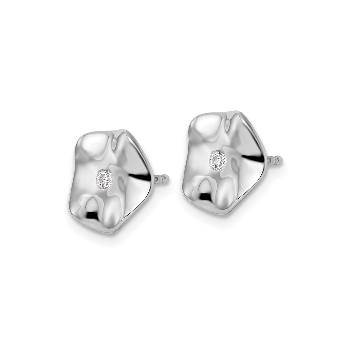 Sterling Silver Stud Earrings with Diamond, Wavy Floral Motif, Modern Minimalist Design for Women