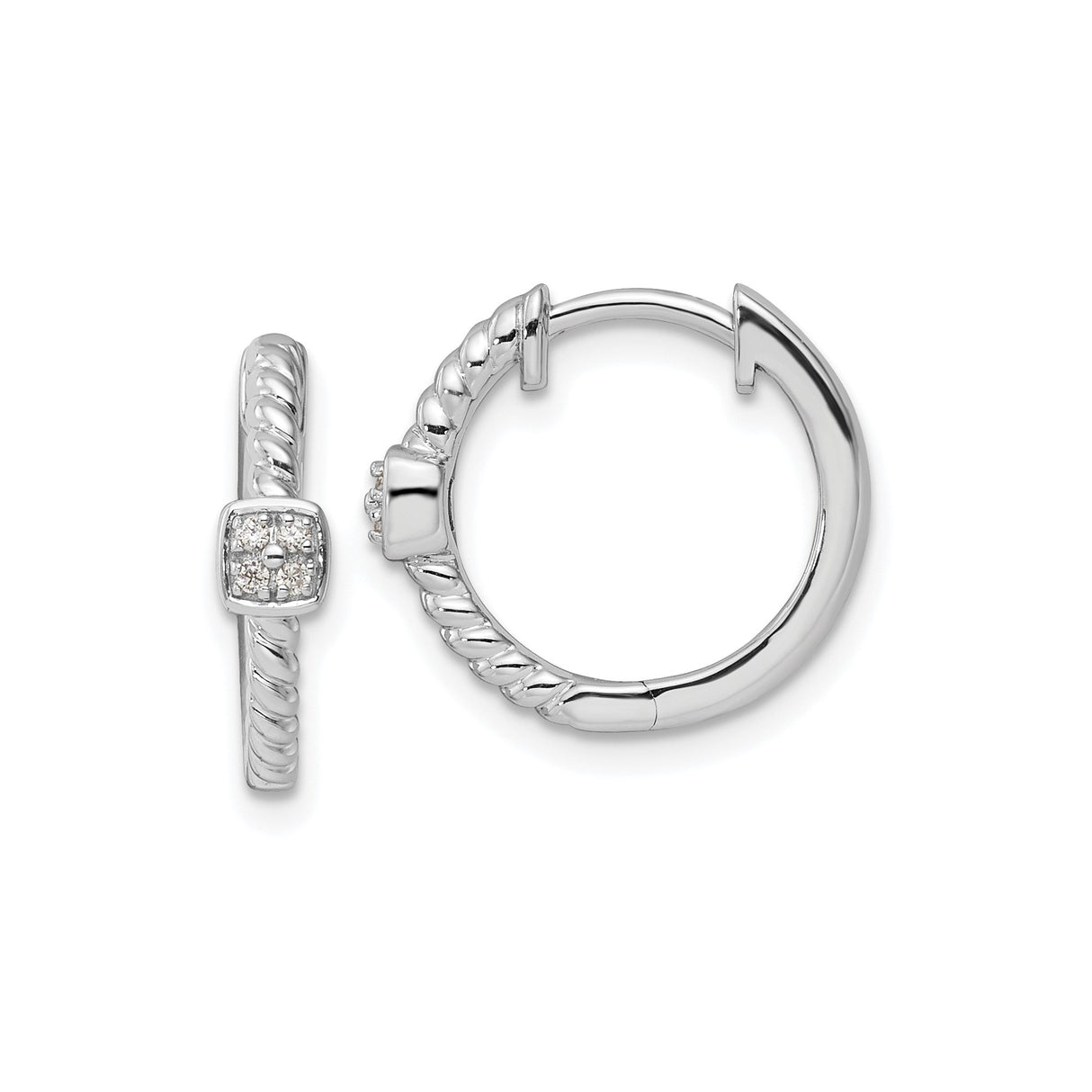 Sterling Silver Twisted Hoop Earrings with Diamond Cluster and Textured Rope Design