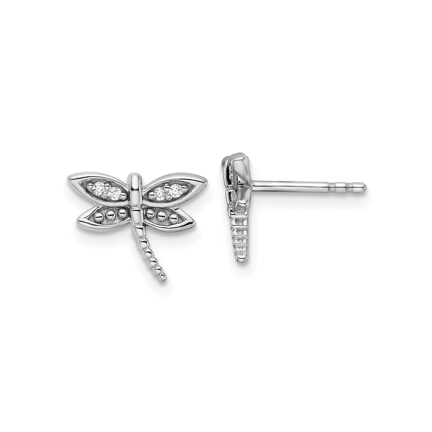 Sterling Silver Dragonfly Stud Earrings with Diamond Accents, Nature Inspired Design