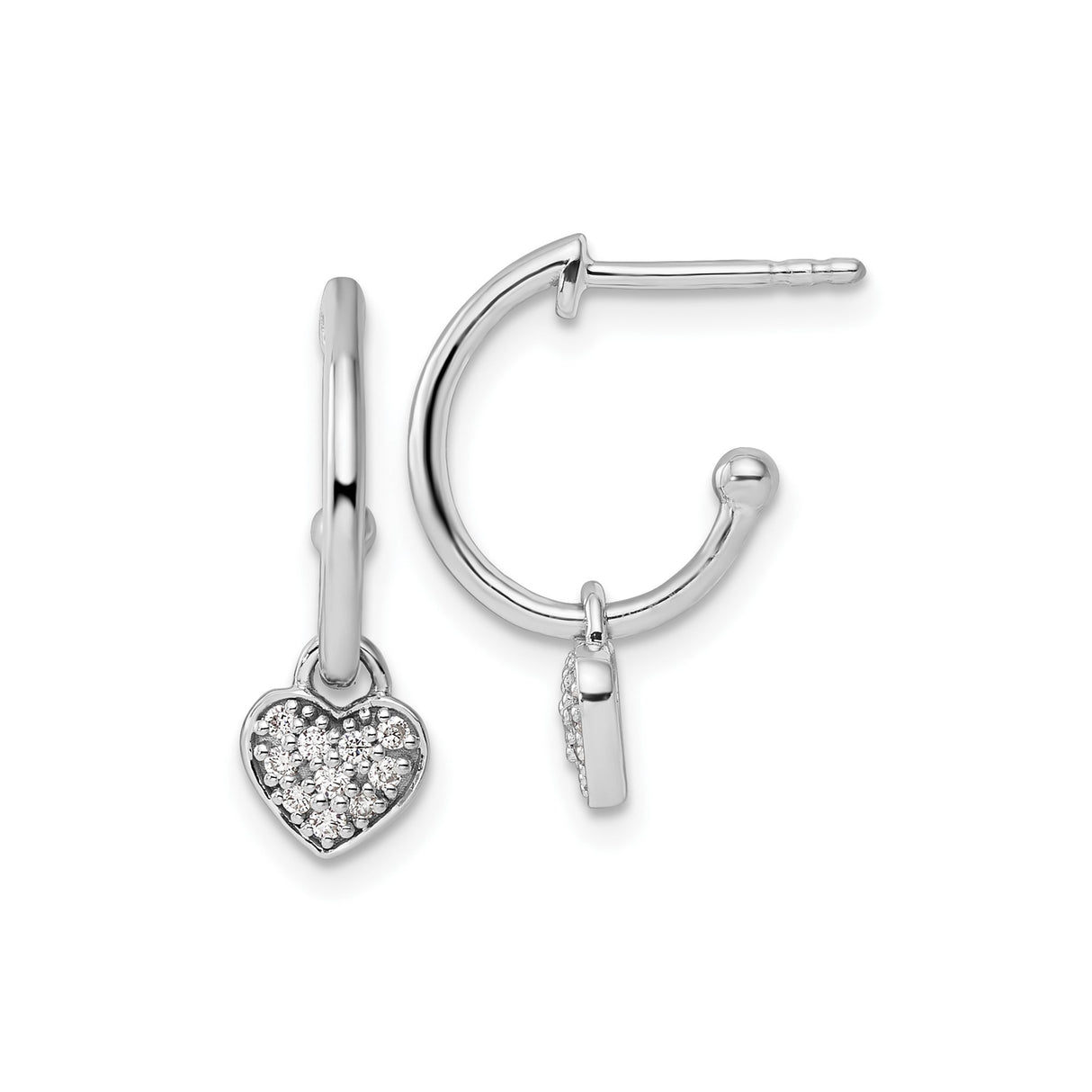 Sterling Silver Heart Dangle Hoop Earrings with Diamond Charms for Women