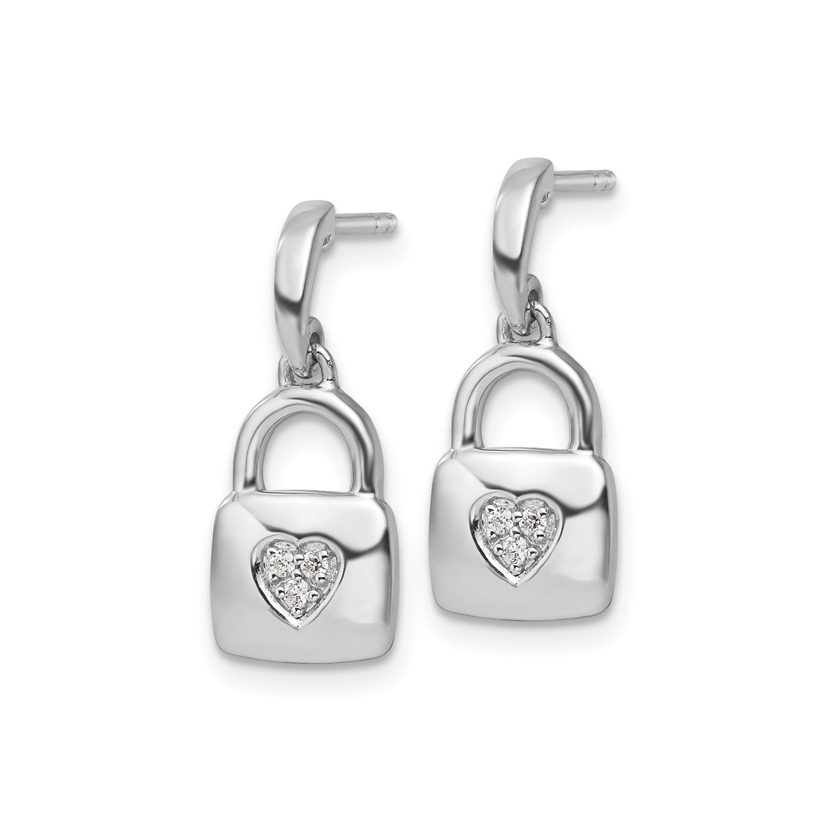 Sterling Silver Earrings with Diamond Heart, Padlock Design, Romantic Minimalist Style