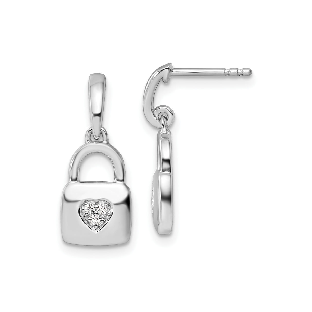 Sterling Silver Earrings with Diamond Heart, Padlock Design, Romantic Minimalist Style