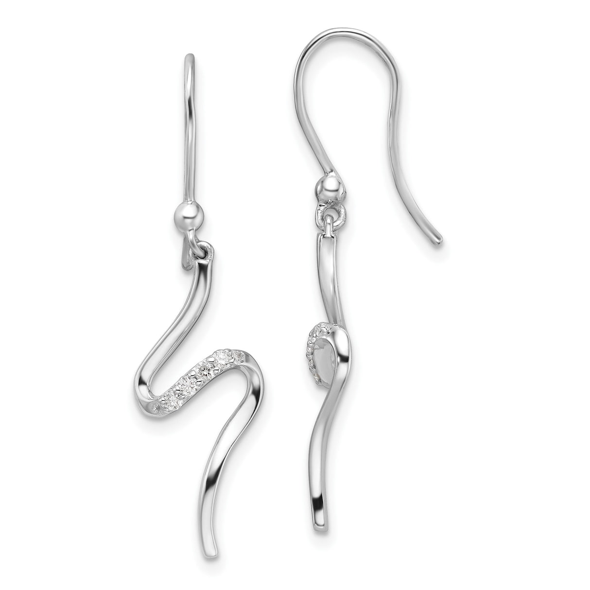 Sterling Silver Dangle Earrings with Cubic Zirconia, Wavy Drop Design, Lightweight Abstract Style