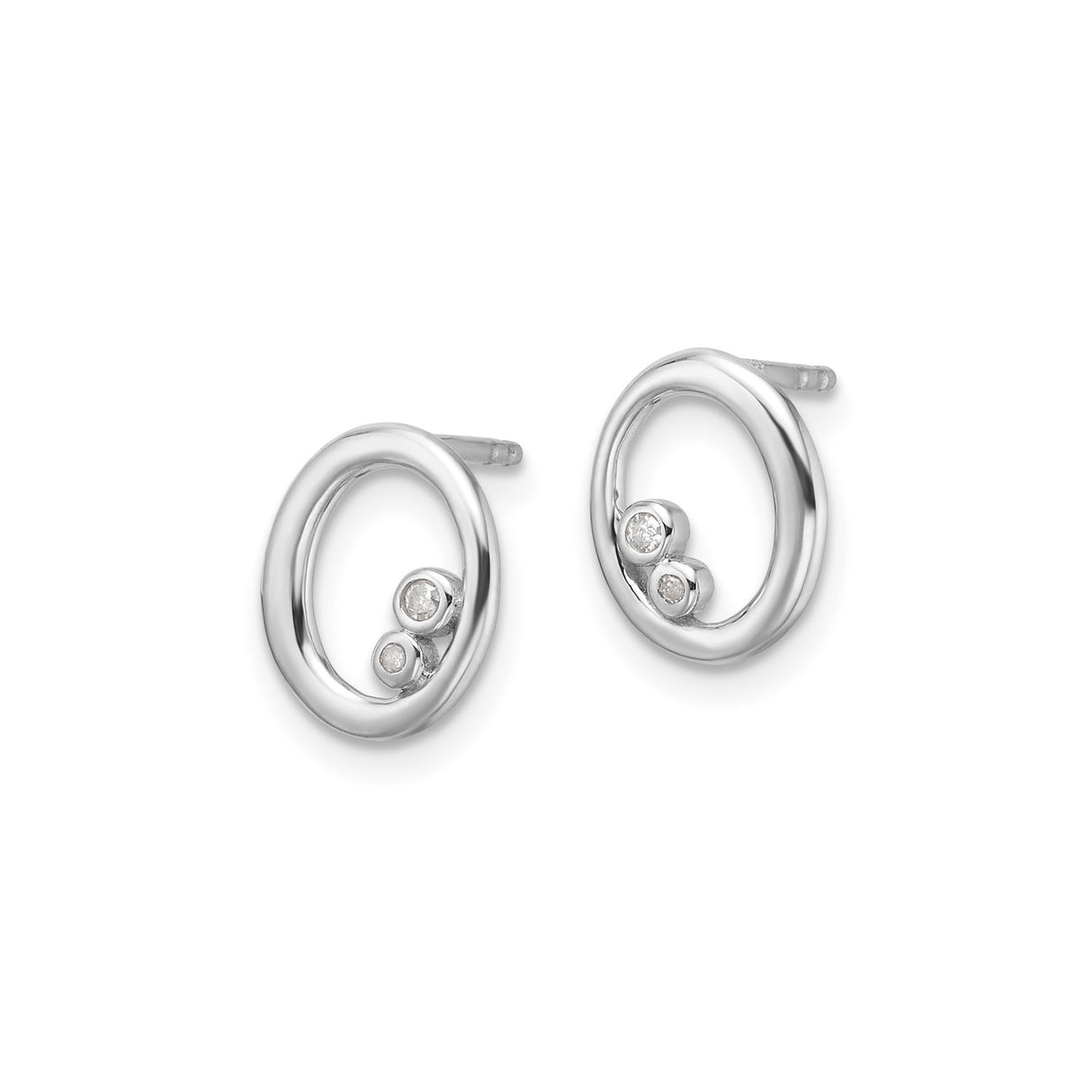Sterling Silver Oval Stud Earrings with Diamonds, Open Bezel Design, Minimalist Style