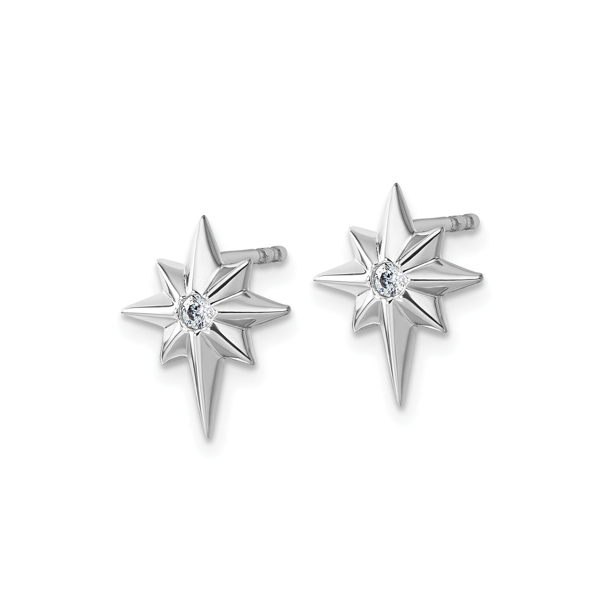 Sterling Silver North Star Stud Earrings with Diamond, Eight-Point Celestial Design