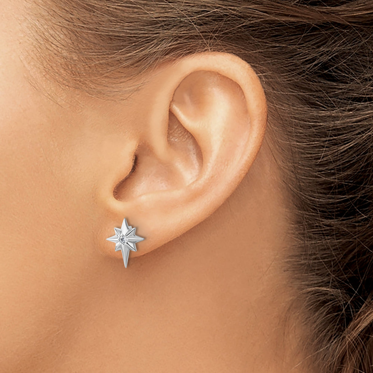 Sterling Silver North Star Stud Earrings with Diamond, Eight-Point Celestial Design