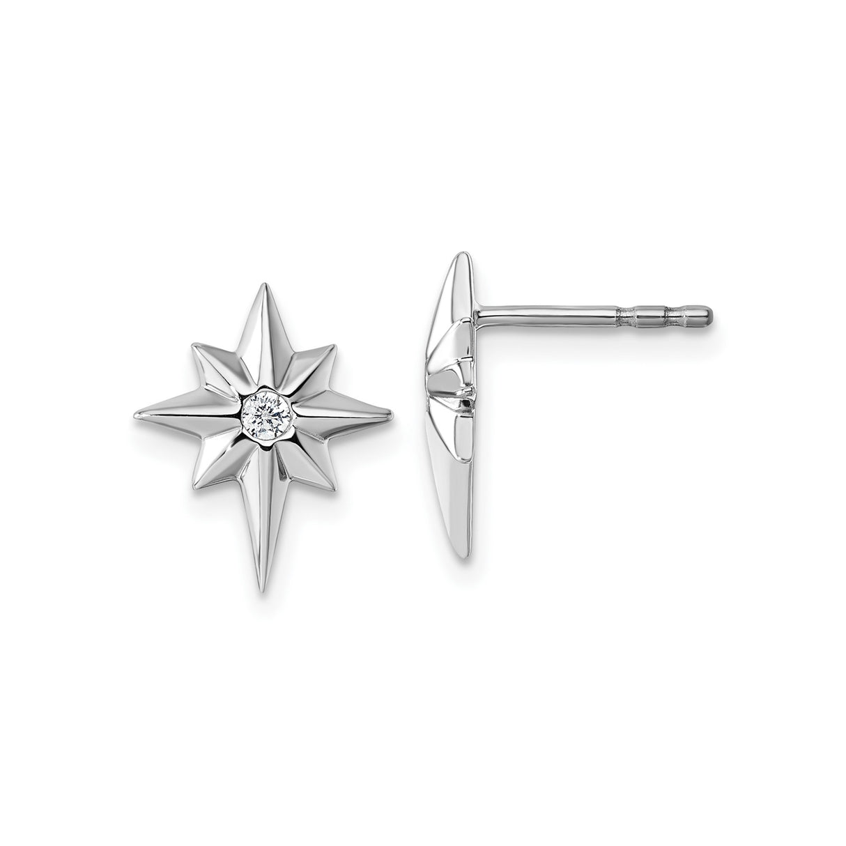 Sterling Silver North Star Stud Earrings with Diamond, Eight-Point Celestial Design