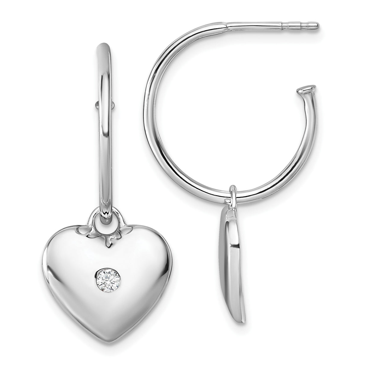Sterling Silver Hoop Earrings with Diamond Accents and Heart Shaped Charms