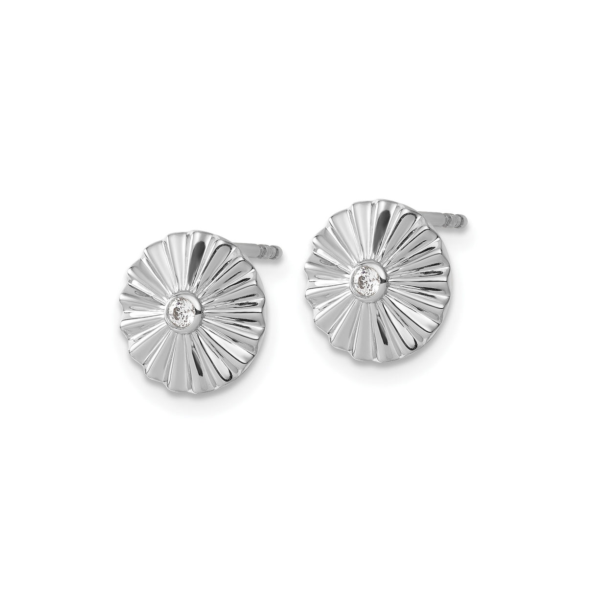 Sterling Silver Sunburst Stud Earrings with Diamond Center, Rhodium Plated Floral Design