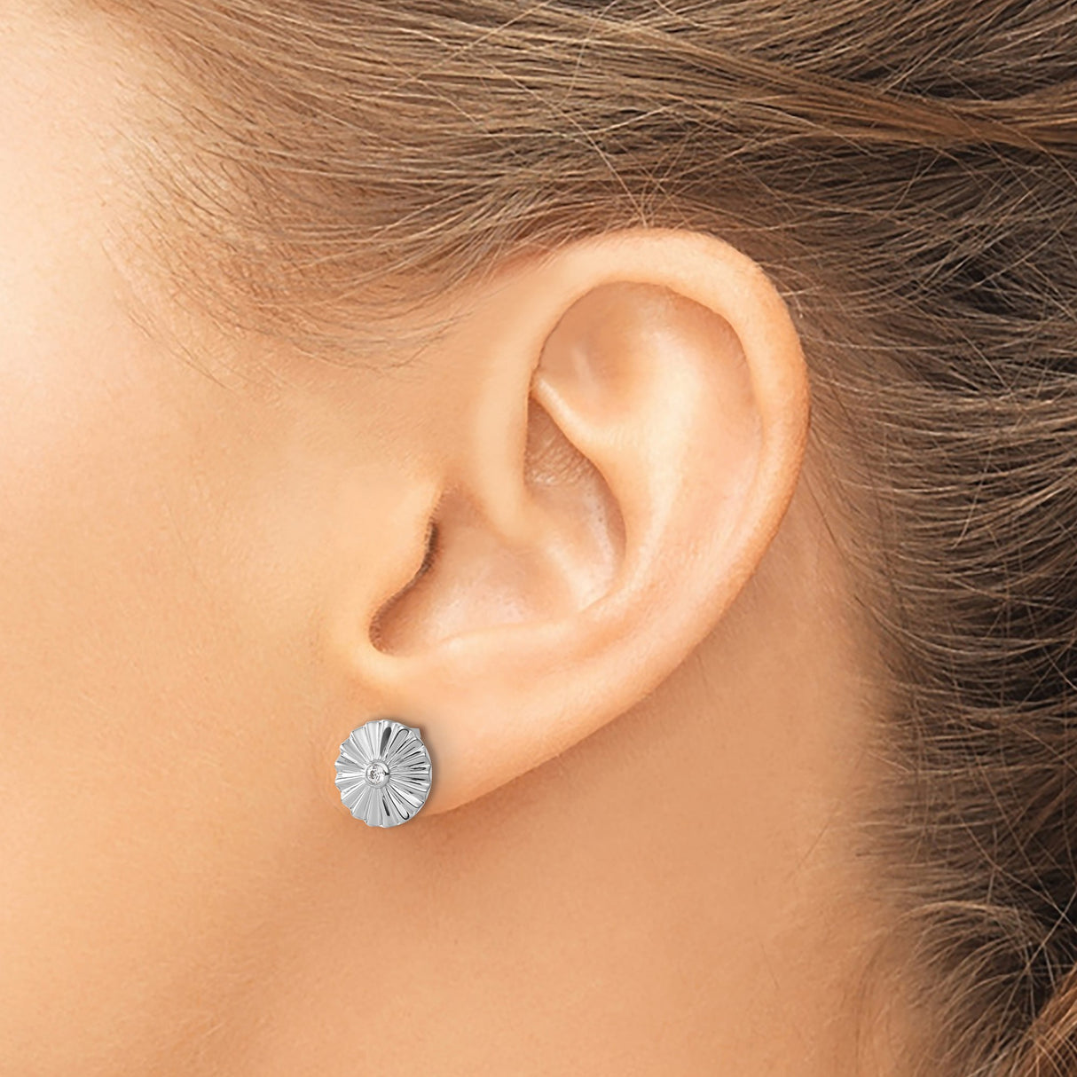 Sterling Silver Sunburst Stud Earrings with Diamond Center, Rhodium Plated Floral Design