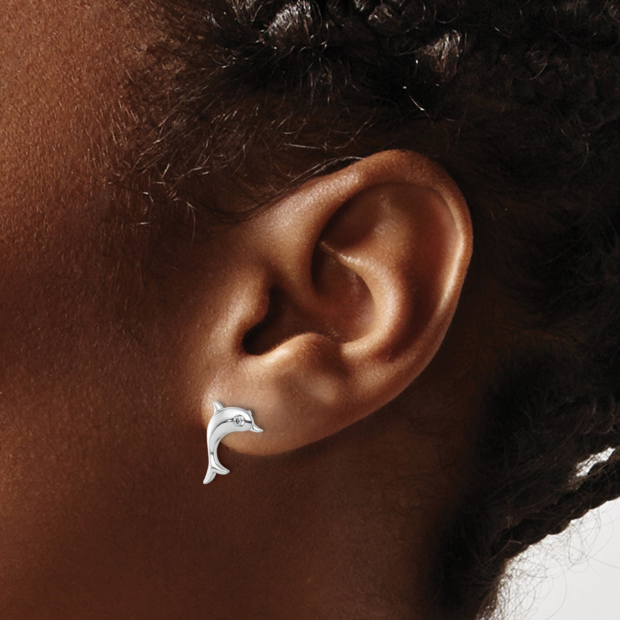 Sterling Silver Dolphin Stud Earrings with Diamond Eye, Nautical Ocean Theme