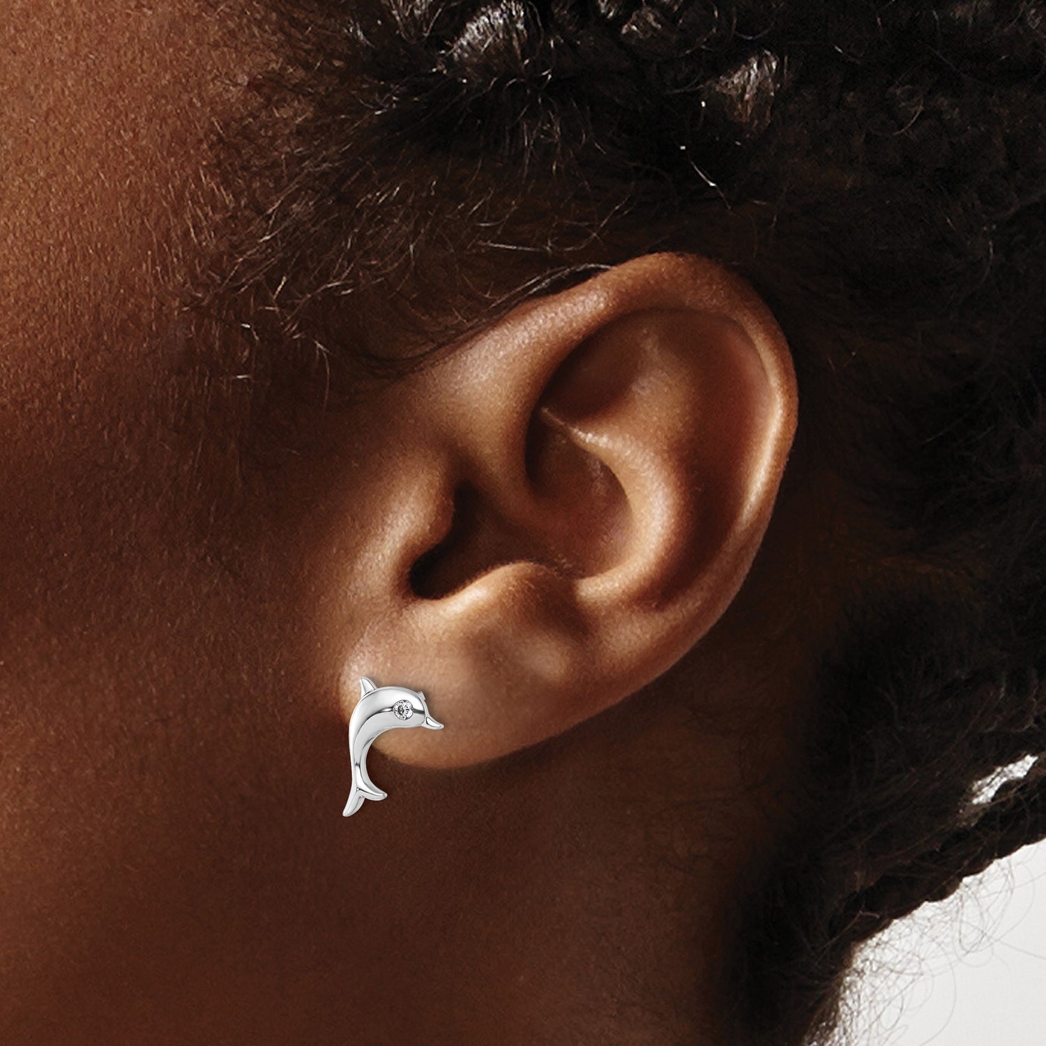 Sterling Silver Dolphin Stud Earrings with Diamond Eye, Nautical Ocean Theme