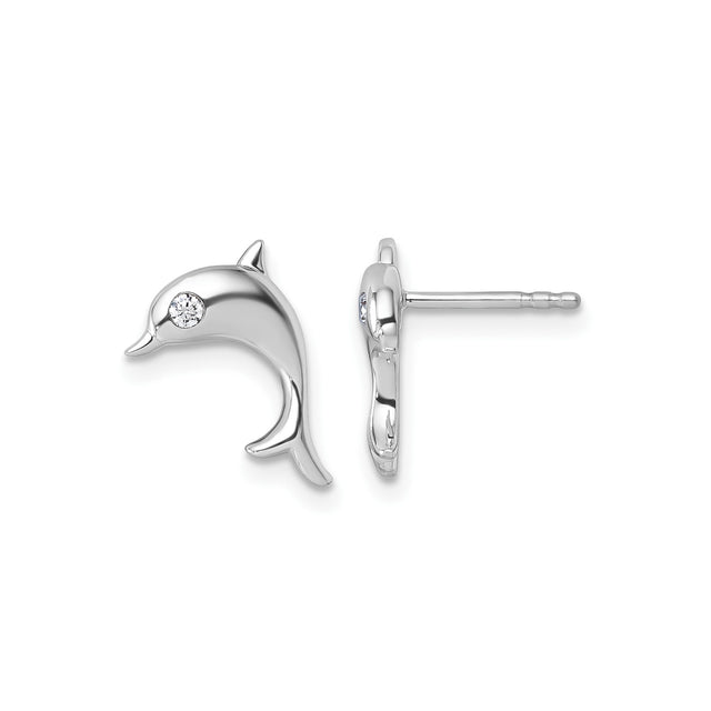 Sterling Silver Dolphin Stud Earrings with Diamond Eye, Nautical Ocean Theme