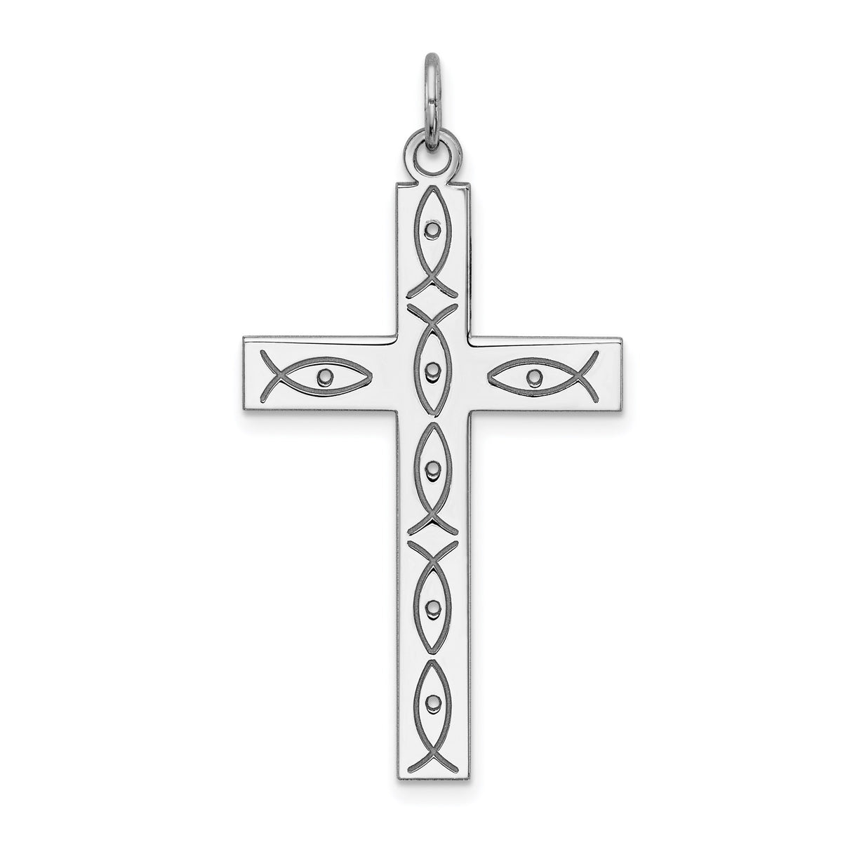 Sterling Silver Latin Cross Pendant with Ichthys Symbol and Eye Detail