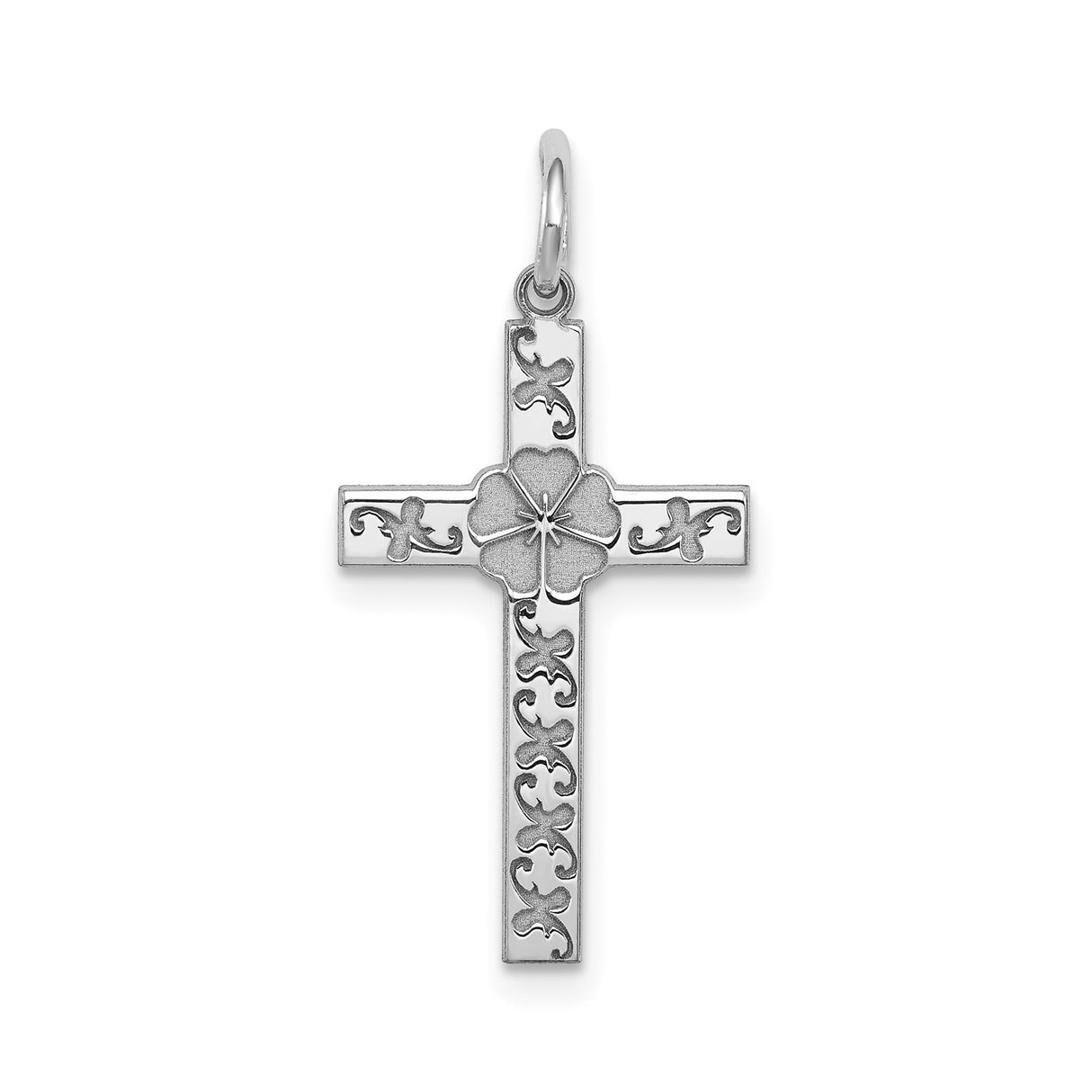 Sterling Silver Cross Pendant with Floral Heart Design and Scrollwork Detailing