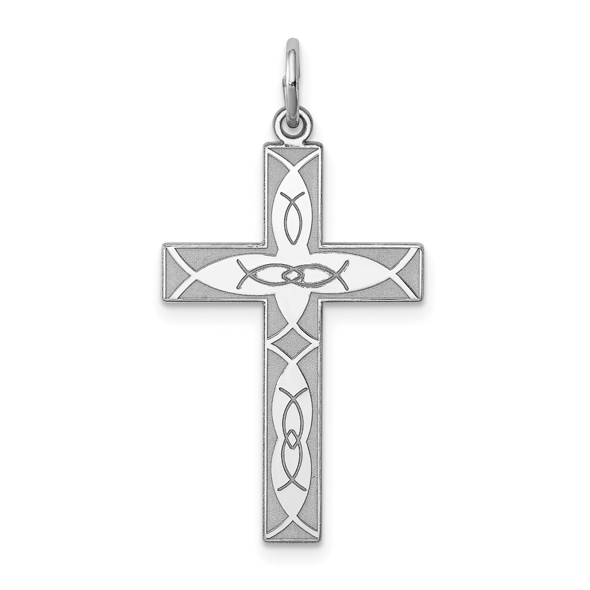 Sterling Silver Cross Pendant with Etched Ichthys Design, Polished and Brushed Finish