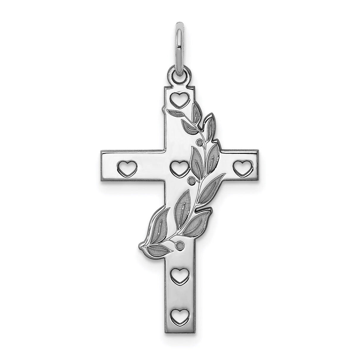Sterling Silver Cross Pendant with Heart Accents and Leaf Vine Design