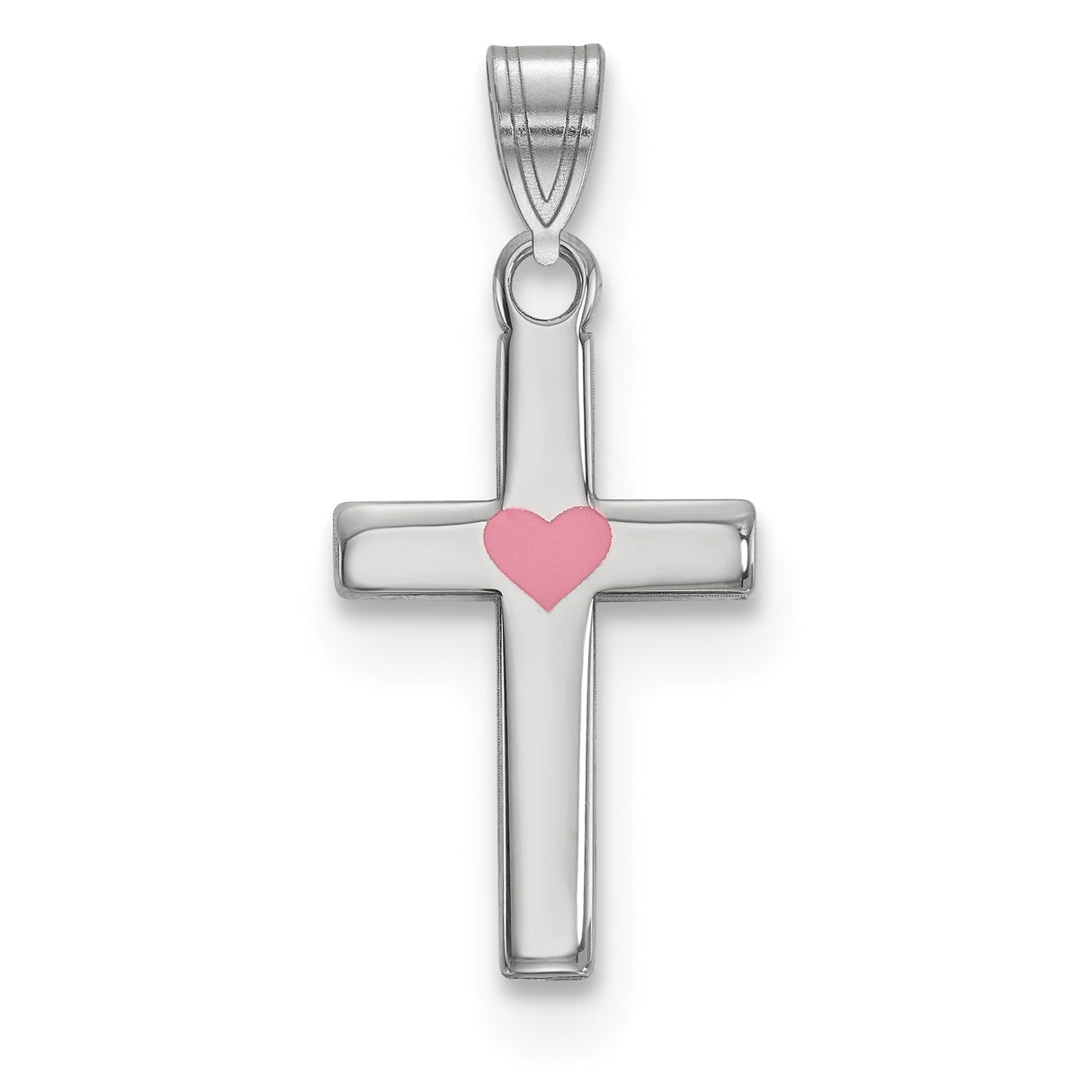 Sterling Silver Cross Pendant with Pink Heart Center, Polished Faith-Inspired Jewelry for Women