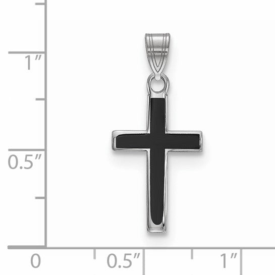 Sterling Silver Cross Pendant with Black Enamel Inlay, Modern Religious Jewelry for Men and Women