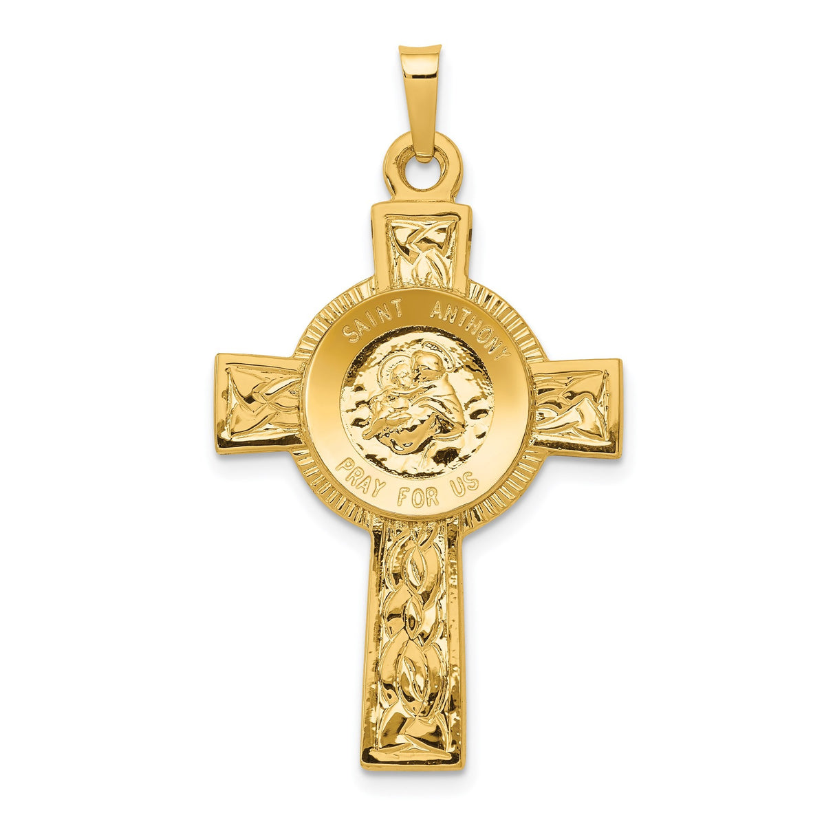 14k Yellow Gold Celtic Cross Pendant with Saint Anthony Medallion Religious Charm