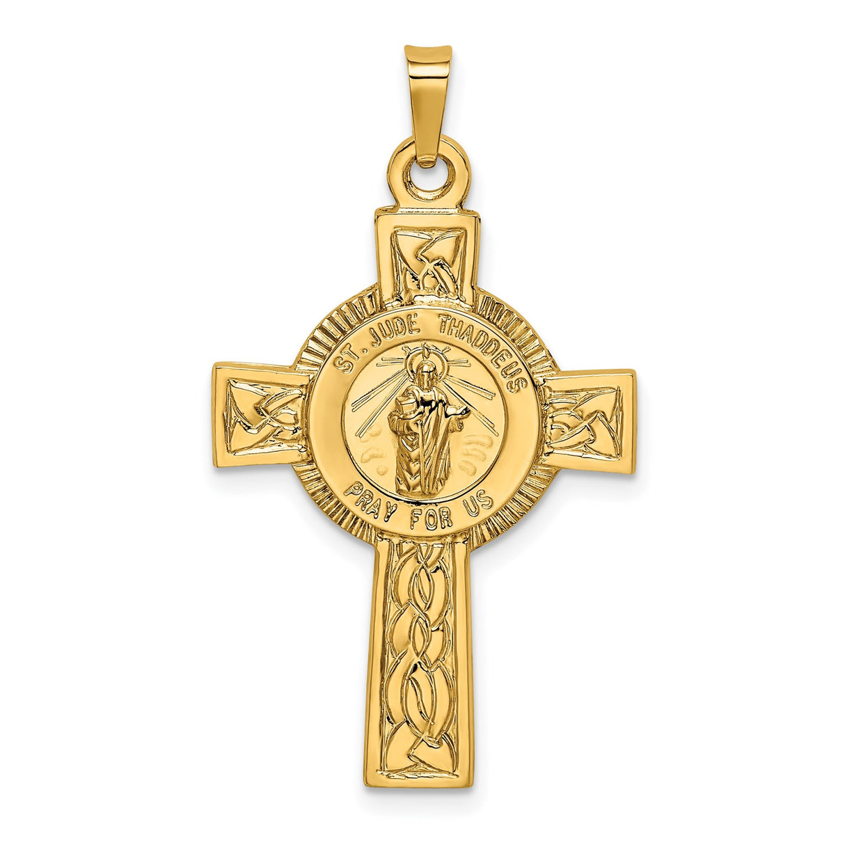 14k Yellow Gold Saint Jude Celtic Cross Pendant, Religious Catholic Charm for Men and Women