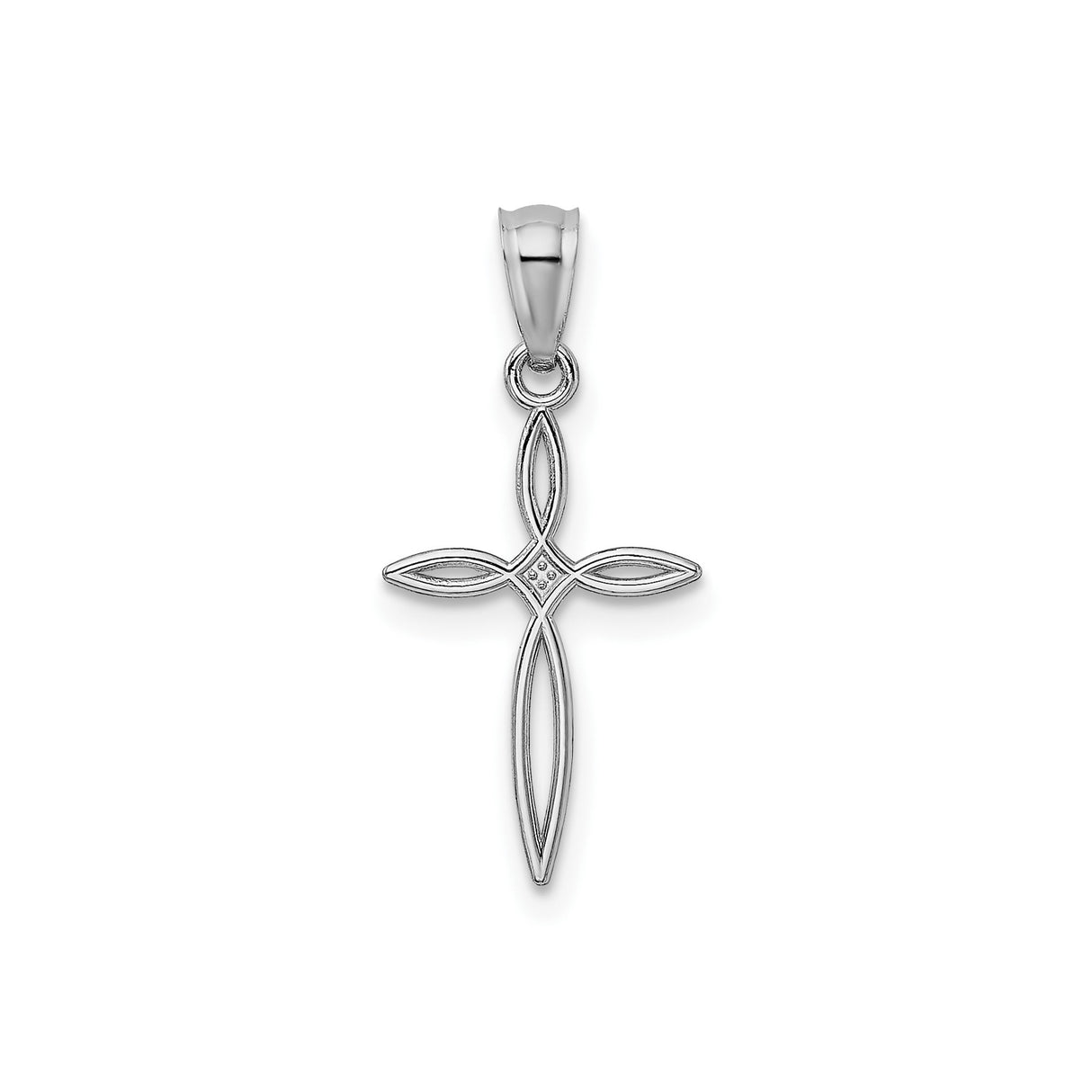 14k White Gold Cross Pendant with Openwork Ribbon Design, Lightweight Religious Charm